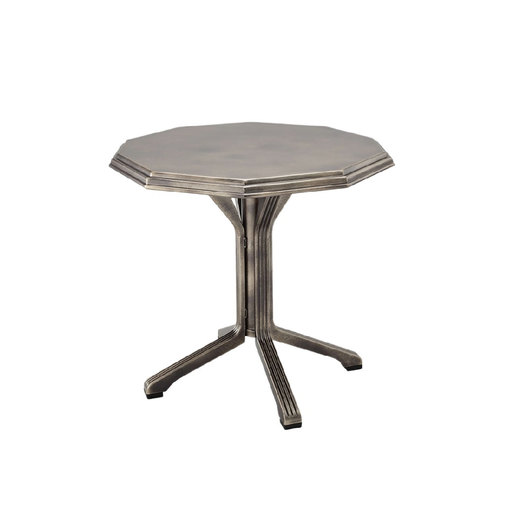 **Titel: Octagonale metalen tafel met driekantige voet**