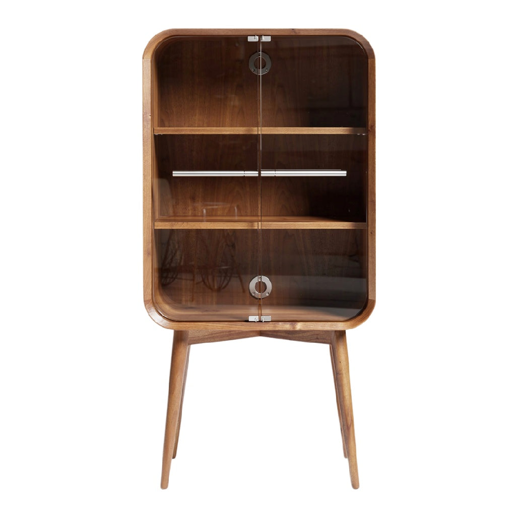 Technische titel: "Moderne houten vitrinekast met glazen deuren en strakke poten"
